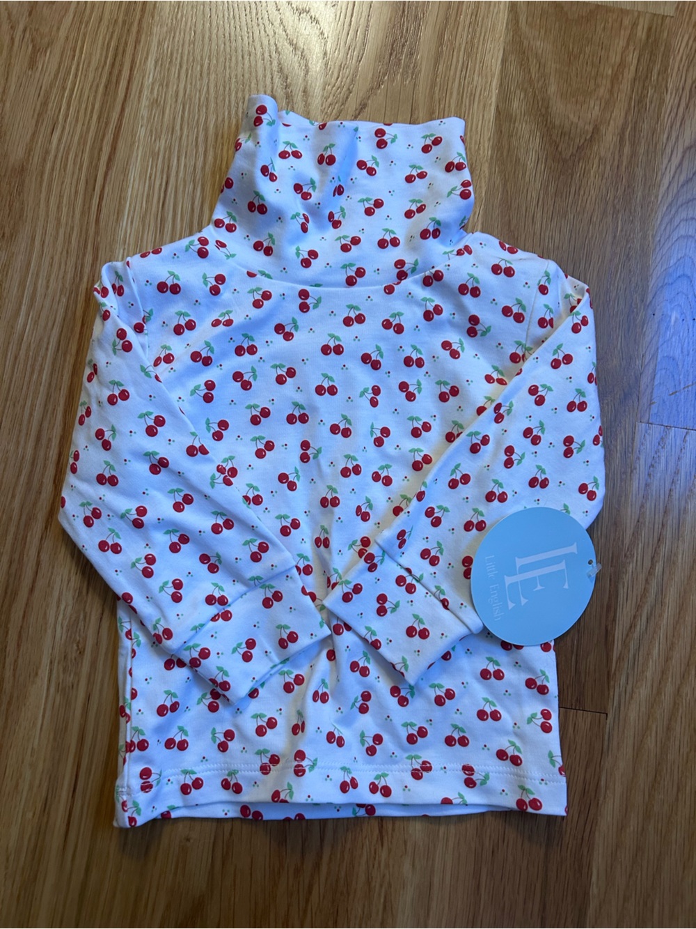 Little English White Cherry Print Turtleneck Long Sleeve Tee